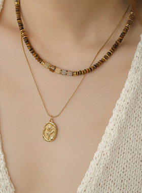 JoJo天然虎眼石串珠玫瑰吊坠项链