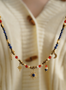 JoJo｜设计师款「蓝夜星语」青金石玛瑙星月吊坠项链樱桃锁骨链