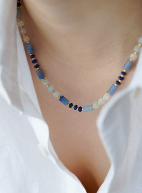 JoJo｜设计师款百搭克莱因蓝天然石海蓝串珠项链锁骨链
