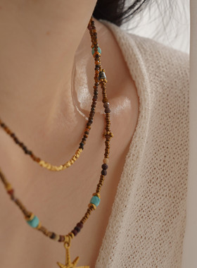 复古虎眼石八芒星极细钻切项链