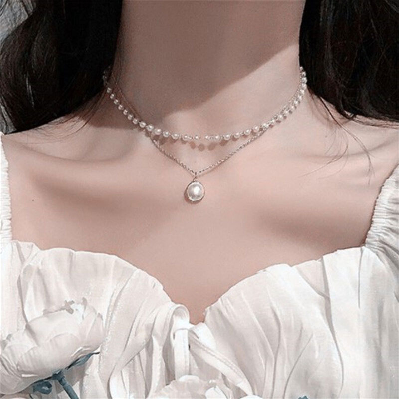 跨境热销珍珠双层项链个性简约时尚锁骨链珍珠吊坠毛衣链饰品爆款 - 图0