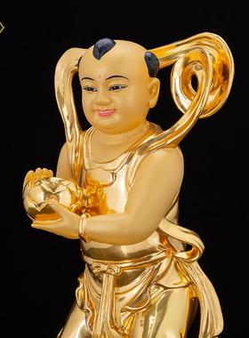 金童玉女铜像善财童子龙女观音伺从铜贴真金佛像居家公工艺摆件