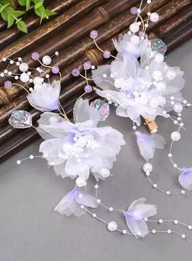 古风紫色烫花花朵发夹新款超仙仙气古典舞头饰古风夹子头饰