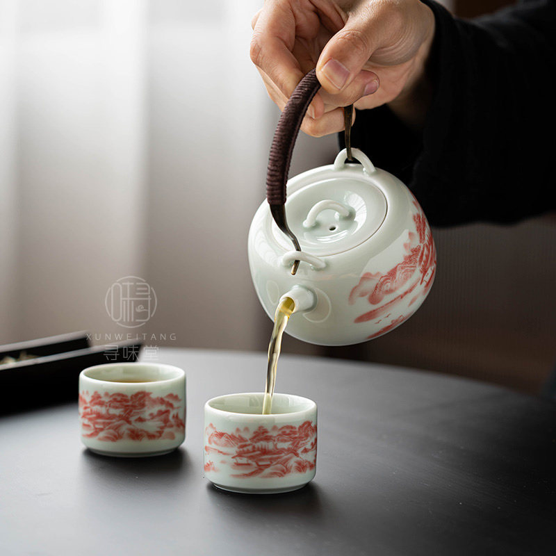 仿古泥矾红小提梁壶n山水釉下彩茶壶复古风中式青瓷陶瓷功夫茶具,淘宝优惠券,粉丝福利购,淘宝优惠卷