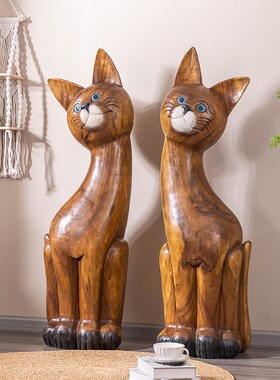 泰国木雕工艺品暹罗猫招财猫开业礼物摆件客O厅家居发财猫生意兴