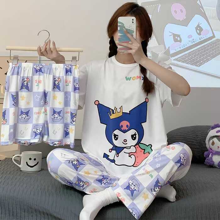 YJ网红d爆款棉绸睡衣女春夏季短袖三件套甜美可爱家居服_牧都兰服饰 店_女士内衣/男士内衣/家居服-第2张图片-提都小院