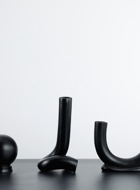 现代简约黑色创意极简弯管花器摆件样板房K客厅电视柜插花干花软