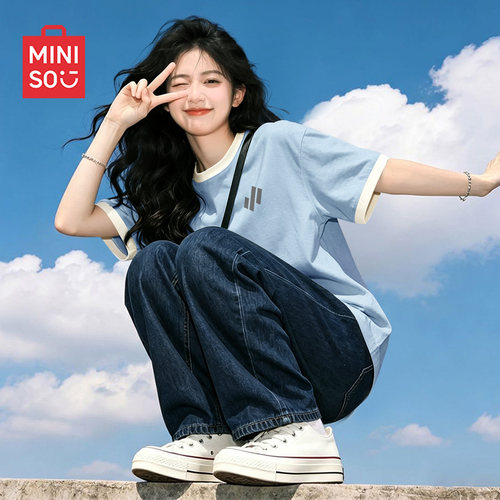 名创优品灰色短袖t恤女2026新款夏季撞色体恤衫女士显瘦宽松上衣D - 图1