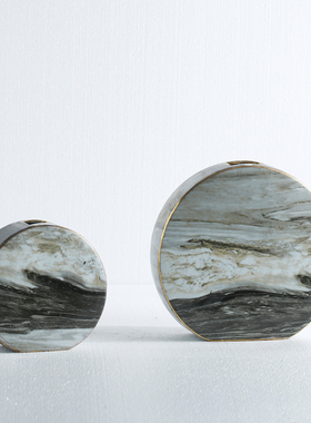 现代新中式蓝色水墨纹扁r形花器摆件灰色大理石纹裂纹陶瓷花瓶装