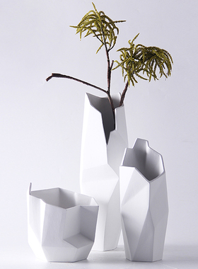 现代家居简约几何立体p陶瓷黑白花瓶装饰品样板房客厅餐桌银色花