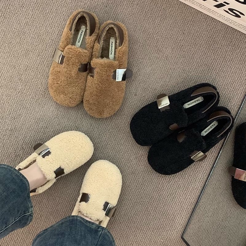 小众皮扣毛毛鞋拖鞋女鞋子外穿新款秋冬季复古加绒棉鞋包头半,淘宝优惠券,粉丝福利购,淘宝优惠卷