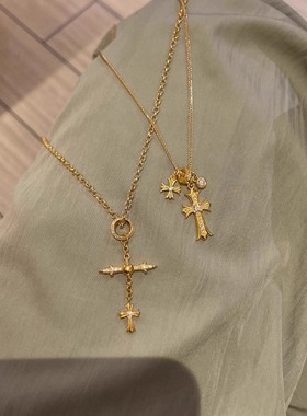 金色叠戴十字架项链女闪耀不撞款