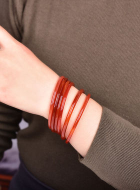 极速廷艳天然冰种红玛瑙叮当镯z复古细圆条首饰水晶红玉髓细手镯