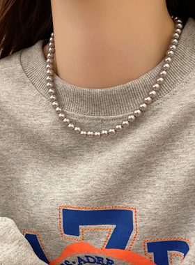 极速银灰色冷淡风珍珠项炼中性气质C简约设计锁骨链时尚百搭大气