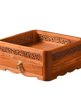 缅甸花梨c单抽镂空普洱茶收纳盒送礼收藏红木桌面储物盒实木饰品