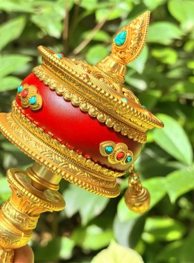 天珠纯铜镀金加皮手摇转筒真金电镀紫檀实木红皮转桶顺Z滑手持转