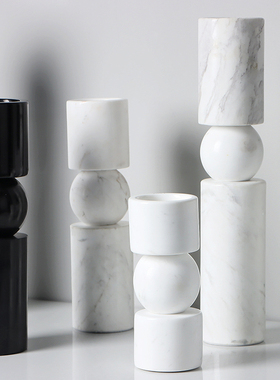 现代轻奢黑白色大理石烛台组合摆件D样板间装饰品餐厅餐桌玄关摆