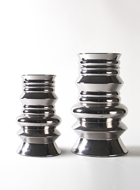 现代轻奢银色三足l电镀陶瓷果盘花器摆件样板房间几何白色花瓶装