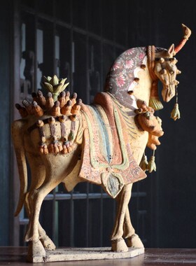 仿古陶马北魏画彩陶马t复古家居装饰博古架摆件古玩老件收藏