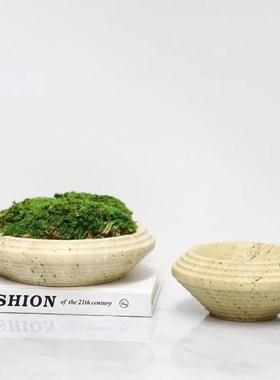 北欧简约大理石黄洞石苔藓绿植花盆花器摆件家居桌面装.饰果盘托
