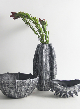 现代简约复古新中式灰黑色陶瓷花器摆F件样板间售楼处酒店花瓶装