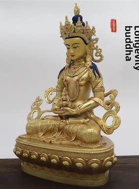 藏传密宗藏式工艺铜鎏金q寿佛铜像寿佛7寸10寸33.3cm家居佛饰