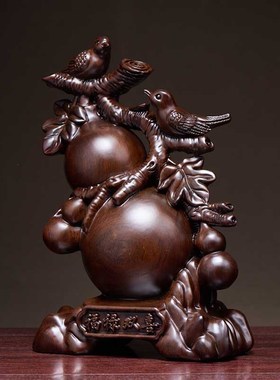 黑檀实木根雕喜上眉梢葫芦摆件客厅办公室福禄双T全喜鹊雕塑工艺