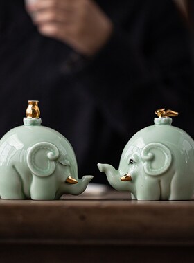招财大象摆件一对招n财吉祥物小号家居客厅玄关酒柜装饰品陶瓷小