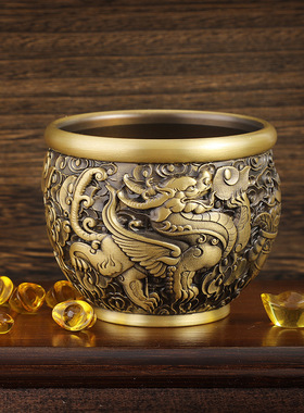 纯黄铜貔貅缸麒麟元宝摆件客厅办公室招财进O宝聚宝盆缸烟灰缸香