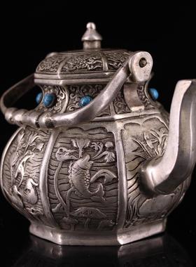 古玩收藏仿古铜手工打造镶嵌宝石鎏银酒壶家居装饰工艺品