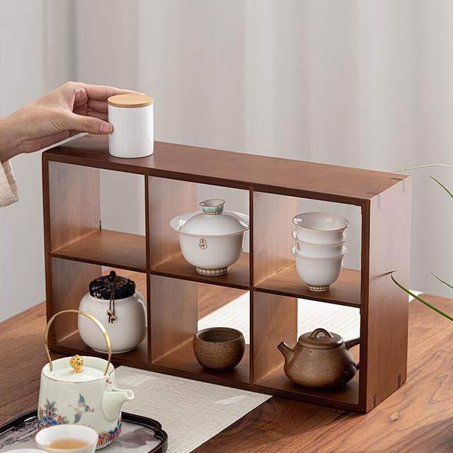 Bamboo tea cup rack tea set Bogu rack handmade nine-grid storage rack teapot rack Duobao grid six-grid tea rack