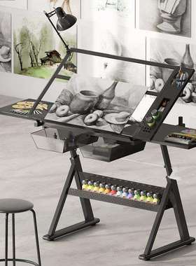 钢化玻璃双副板绘图桌手摇可升降画画美术设计师工作台桌子画架