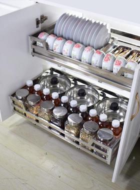 5V拉篮厨房橱柜304不锈钢双层阻尼调味厨柜拉篮抽屉式碗碟拉篮其