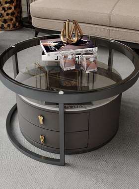 岩板茶几客厅家用小户型伸缩网红小桌子圆形玻璃简约轻奢现代茶几