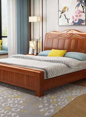 新中式橡木全实木1米5收纳床现代简约小户型家用卧室1米8双人婚床