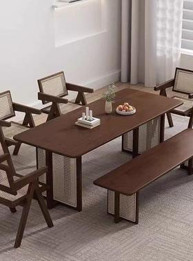 日式实木餐桌家用小户型藤编桌子简约长方形民宿餐桌椅组合直发厂