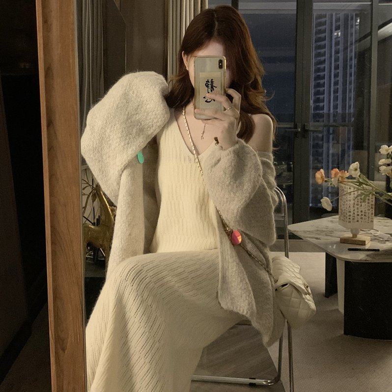 实拍大码女港风复古慵懒风中长款毛衣外套流苏针织吊带裙套装,淘宝优惠券,粉丝福利购,淘宝优惠卷