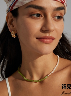 新中式国风绿色树脂石竹节珍珠项链轻奢小众高级感天然石串珠手链