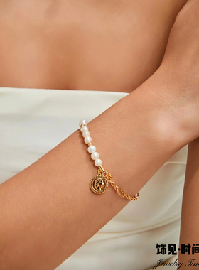 欧美复古女王头像天然珍珠拼接手链不规则小众设计感项链高级配饰