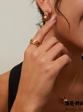 宫廷复古红锆石天然珍珠项链耳环轻奢小众高级感戒指新年节日礼物