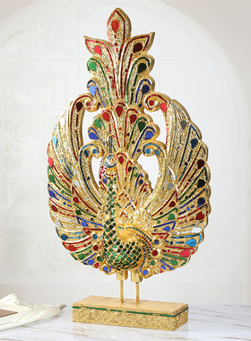 东南亚家居饰品金箔孔雀开屏摆件家用客厅玄关实R木创意装饰品摆