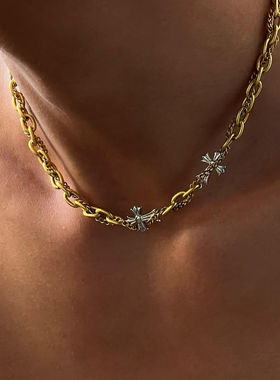 十字架加州哑金双层钛钢项链