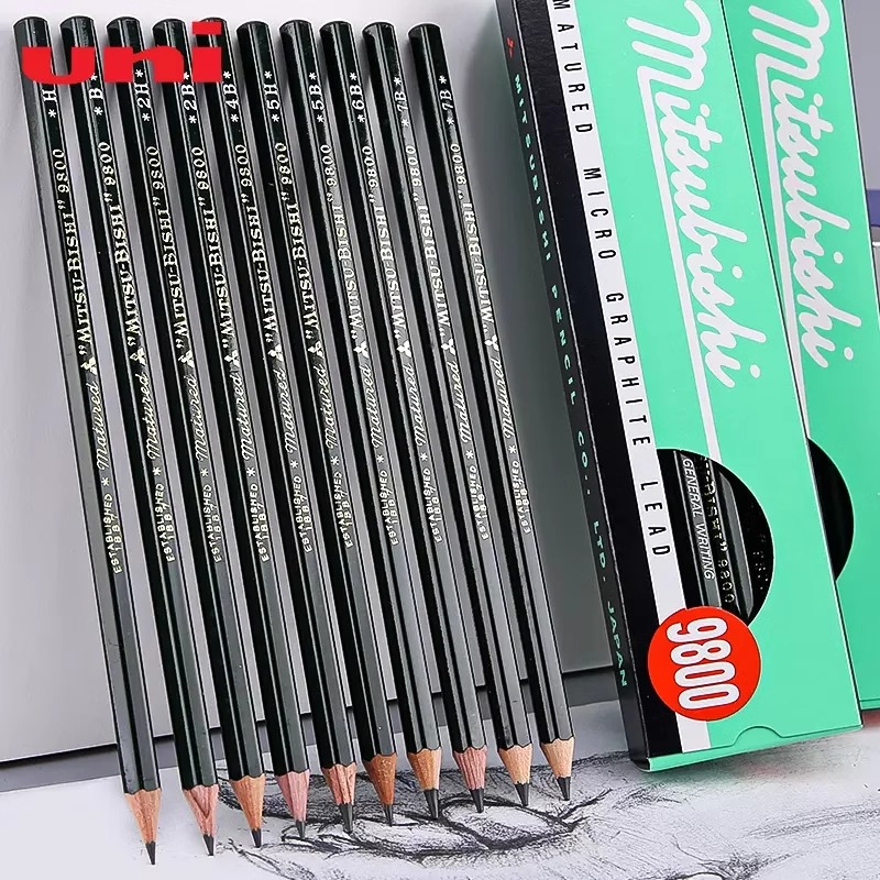 原装进口日本uni铅笔三菱铅笔9800素描铅笔绘图学生六角杆书写黑铅12支套装美术用品2B4B6B专业美术HB铅笔 - 图0