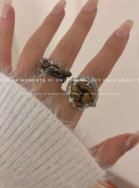 国潮新中式美拉德风天然虎眼石叠戴戒指高级感复古个性百搭指环戒