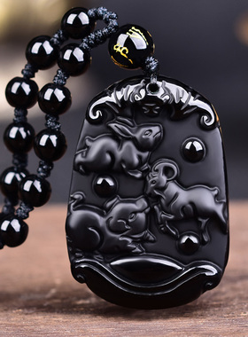 极速黑曜石兔羊猪k三合吊坠亥卯旺岁局卯未亥兔形羊形饰物亥未守