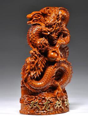 花梨木雕龙摆件实木质双龙戏珠家居客厅办公室装饰生肖工艺品送礼