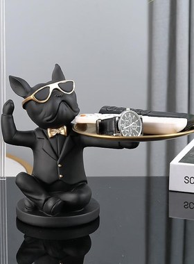 法斗犬摆件玄f关柜放钥匙收纳托盘客厅进门轻奢家居吧台装饰品创