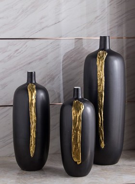 现代新中式陶瓷花瓶摆件样板房简约家居白色鎏金客厅W玄关软装饰
