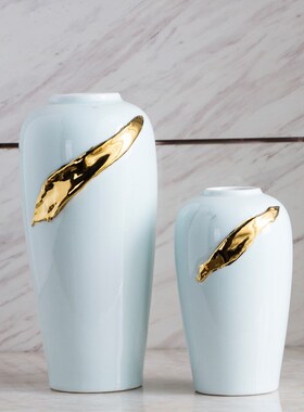 现代新中式陶瓷花瓶摆件样板房简C约家居白色鎏金客厅玄关软装饰