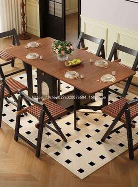 晓龙中古风实木折叠餐桌小户型可移动长方形隐形饭桌家用客厅法式